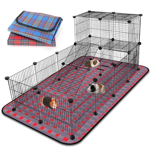 FHTONGE Extra großer Meerschweinchenkäfig Loft mit 2 wasserdichten Betten, DIY Erweiterbar Meerschweinchen Laufstall mit Matte, Modulares Kleintier Laufstall mit Matte für Ratte Hamster Chinchilla von FHTONGE