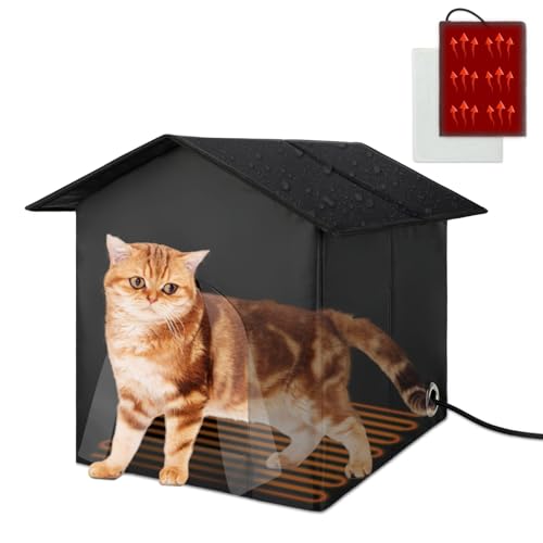 FHTONGE Extra großes beheiztes Katzenhaus mit Matte und Heizkissen, isolierter Zwinger, zusammenklappbar, für den Winter, Kleintiere von FHTONGE