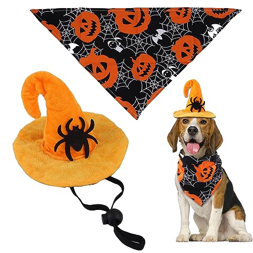 1 Set Haustier Zauberer Kostümum, Haustier-Kostüm-Set, Hunde Katzen Spinne-Hut, Haustier Kürbis Dreieck Lätzchen, Halloween Haustierhut Hexenhut für Hunde und Katzen, Halloween-Party(Spinne) von FIBOUND