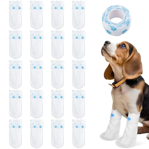 FIBOUND 20 Stück Hundefußabdeckungen Socken, Selbstklebende Bandage, Winddichter Schmutzschutz, Haustierstiefel, Selbstklebende Einweg-Hundesocken, Pfoten, für Kleine Hundepfoten von FIBOUND