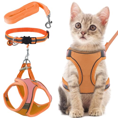 FIHODONE Katzengeschirr mit Katzenleine Katzenhalsband,Katzengeschirr mit Leine Ausbruchsicher,Cat Harness Verstellbar,Katzenleine mit Geschirr für Katzen Orange mit Reflexstreifen (L, Orange) von FIHODONE