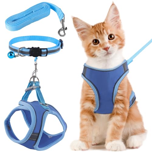 FIHODONE Katzengeschirr mit Katzenleine Katzenhalsband,Katzengeschirr mit Leine Ausbruchsicher,Cat Harness Verstellbar,Katzenleine mit Geschirr für Katzen Orange mit Reflexstreifen (M, Blau) von FIHODONE