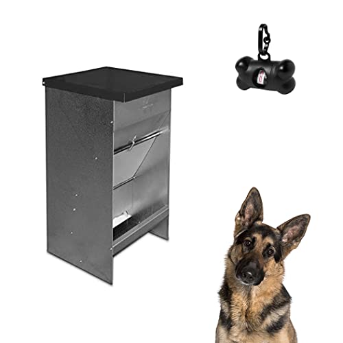 Hundefutterautomat (Fassungsvermögen 42L / ca. 30,2kg) - Hochwertiger verzinkter Hundetrichter - Mit Deckel, um Hundefutter sicher vor Mäusen und Vögeln zu halten - Inklusive Beutelspender von FINCA CASAREJO