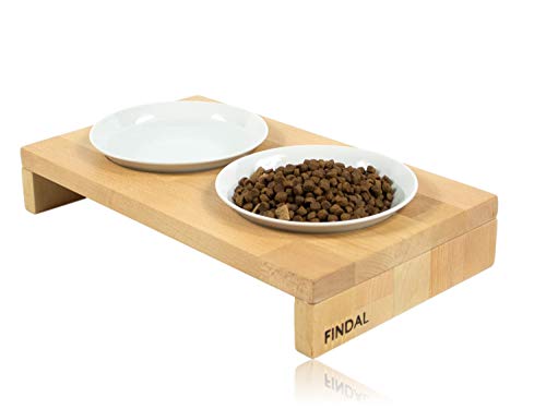 FINDAL - Katzennapf 2er Set aus Holz Buche mit 2 weißen Keramik Schüsseln, erhöhter Futternapf für Katze & Hund, Fressnapf spülmaschinenfest & modern für Trockenfutter, Nassfutter & Wasser für Katzen von FINDAL