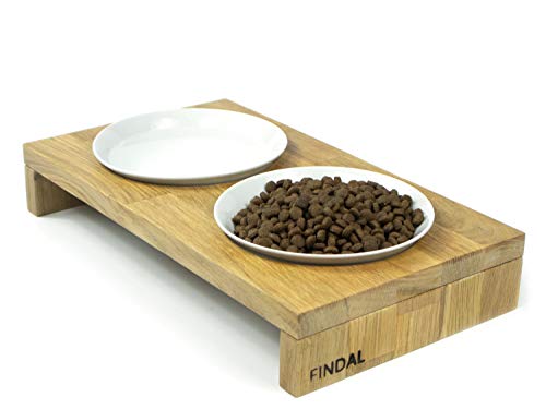 FINDAL - Katzennapf 2er Set aus Holz Eiche mit 2 weißen Keramik Schüsseln, erhöhter Futternapf für Katze & Hund, Cat Bowl Ceramic für Trockenfutter, Nassfutter & Wasser, Fressnapf doppelt für Katzen von FINDAL