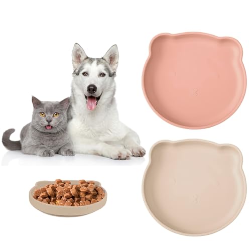 FINEASY Flacher Futternapf aus Silikon, 2 Stück, Katzen-Futternapf, Schnurrhaar, Müdigkeit, Nassfutter, Trockenfutter, flacher Wassernapf für Katzen und Hunde (Cremeweiß und Rosa) von FINEASY