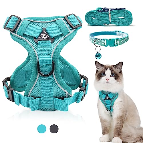 FINEASY Katzengeschirr mit Leine Ausbruchsicher und Katzenhalsband, Verstellbares Katzenleine mit Geschirr, Geschirrset Cat Harness Weich Softgeschirr für Katze Kitten Hunde Brustgeschirr (Grün, M) von FINEASY