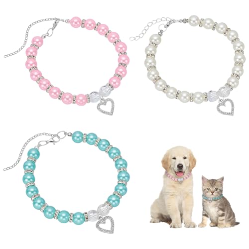 FINGERINSPIRE 3 Stück Haustier Halsketten Aus Kunstharz Mit Kunstperlen Und Herzanhängern Aus Eisernem Strass 23.7cm Länge Und 65mm Verlängerte Kette Weiß Rosa Blau 3 Farben Perlenhalsband Für Katzen von FINGERINSPIRE