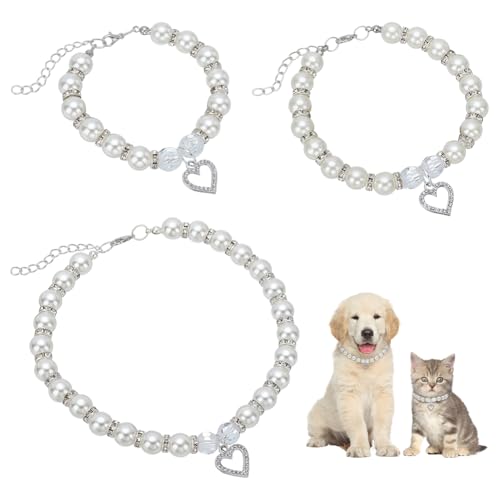 FINGERINSPIRE 3 Stück Haustier Halsketten Aus Kunstharz Mit Kunstperlen Und Herzanhängern Aus Eisernem Strass Weiß Klein Mittel Groß 3 Größen Mit Verlängerter Kette Halsband Mit Perlen Für Katzen von FINGERINSPIRE