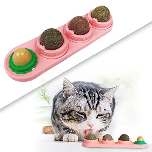 FIPASEN Katzenminze Ball Spielzeug, 4 Stück Essbares Katzenminze Wand Ball für Katzen/Kätzchen, Zähne putzen und den Magen schützen - Rotierendes Katzenleckspielzeug Enthält Katzenminze/Zucker(Rosa) von FIPASEN