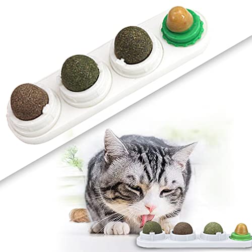 Katzenminze Ball Spielzeug, FIPASEN 4 Stück Essbares Katzenminze Wand Ball für Katzen/ Kätzchen, Zähne putzen und den Magen schützen - Rotierendes Katzenleckspielzeug Enthält Katzenminze/ Zucker(Weiß) von FIPASEN