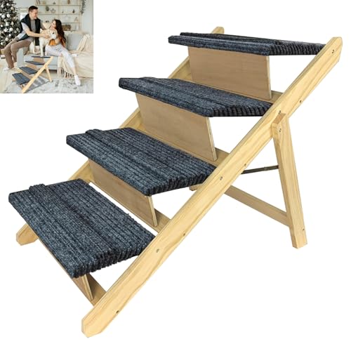 FIVMEN Hundetreppe 2 in 1 Hunderampe Holz Faltbar Höhenverstellbar Haustiertreppe mit Rutschfester Trittmatte Hunde Treppen für Bett Sofa, 100x47x63cm von FIVMEN