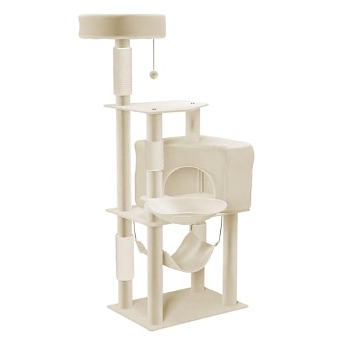 FIVMEN Kratzbaum Groß 134 cm Hoch Katzenbaum Katzenkratzbaum Beige mit Kratzsäulen, Katzenhöhle, Korb, Hängematte, Sisal-Seil Plüsch Katzenmöbel Kletterbaum für Katzen, 55,5x39x134 cm FIVMEN Kratzbaum Groß 134 cm Hoch Katzenbaum Katzenkratzbaum Beige mit Kratzsäulen, Katzenhöhle, Korb, Hängematte, Sisal-Seil Plüsch Katzenmöbel Kletterbaum für Katzen, 55,5x39x134 cm von FIVMEN