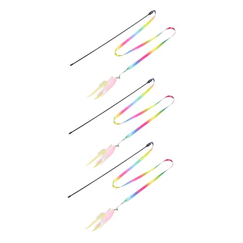FIXOSHEE 3 Stück Teiliges Katzenspielzeug mit Langen Griffen Bunte Satinbänder und Federn Interaktive Teaser Sticks für Wohnungskatzen zur Beschäftigung und Bewegung Fördert Gesundheit und von FIXOSHEE