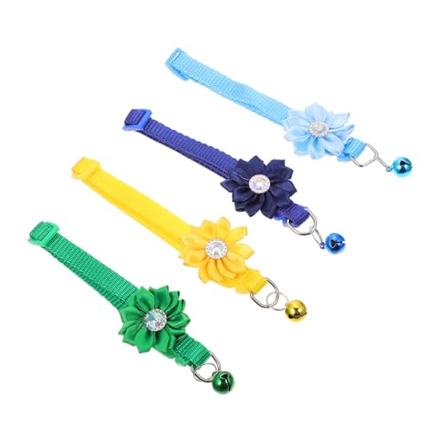 FIXOSHEE 4 Stück Verstellbares Haustier Blütenhalsband mit Glocke Dekoratives Katzen Hundehalsband in Grün Himmelblau Marineblau und Gelb Atmungsaktiv und Hautfreundlich für Partys und von FIXOSHEE