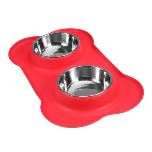 FIXOSHEE Doppelnapf Edelstahl mit Rutschfester Silikonmatte Auslaufsicherer Futternapf für Hunde Katzen Welpen Teiliges Spülmaschinenfest Große Basis für Sauberen Boden Rot von FIXOSHEE