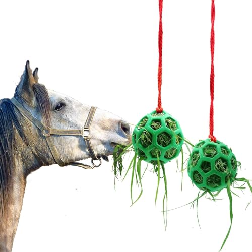 FIYSON 2 Stück Pferde-Leckerli-Ball, Futterspielball Pferd Heu-Futterstation zum Aufhängen, Gummi Heu-Futterspender Heuballen für Esel,Pferde,Ziege,Schaf,lindert Stress,Stall,Paddock Rest (Grün) von FIYSON