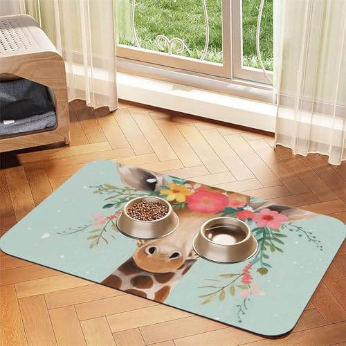 Futtermatte für Haustiere, Giraffe mit Blumenmuster, saugfähig, PU-Leder, für Hunde und Katzen, schützt den Boden, rutschfeste Gummi-Unterseite, leicht zu reinigen, 40 x 60 cm von FJWSLCH