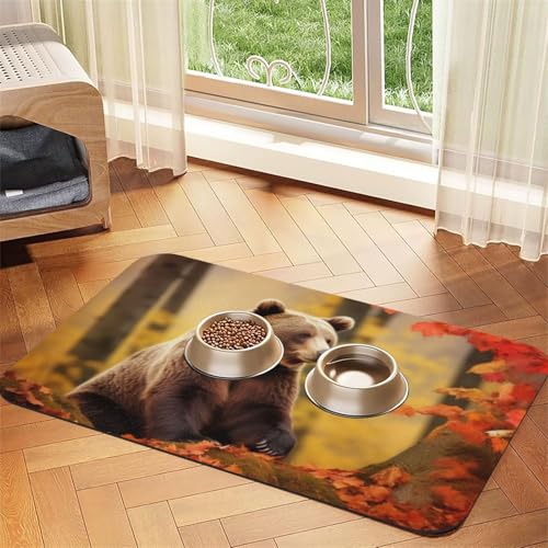 Futtermatte für Haustiere, Motiv: Braunbär im Herbst, saugfähig, PU-Leder, für Hunde und Katzen, schützt den Boden, rutschfeste Gummi-Unterseite, leicht zu reinigen, 30 x 45 cm von FJWSLCH