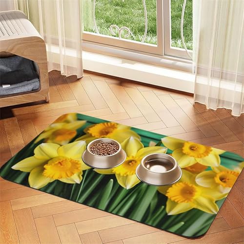 Futtermatte für Haustiere, Motiv: Narzissen, Blumen, saugfähig, PU-Leder, für Hunde und Katzen, schützt den Boden, rutschfeste Gummi-Unterseite, leicht zu reinigen, 30 x 45 cm von FJWSLCH