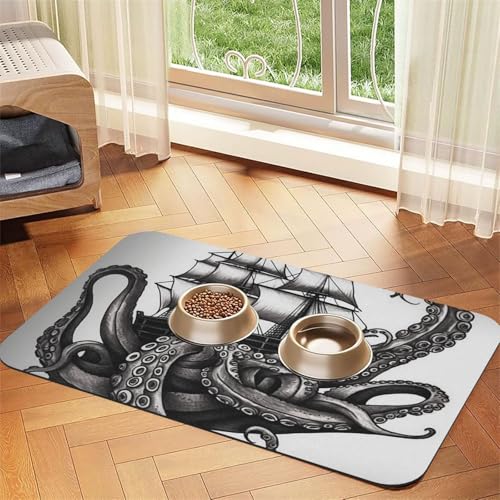 Futtermatte für Haustiere, Motiv: Oktopus und Schiff, saugfähig, PU-Leder, für Hunde und Katzen, schützt den Boden, rutschfeste Gummi-Unterseite, leicht zu reinigen, 30 x 45 cm, Schwarz und Weiß von FJWSLCH