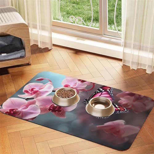 Futtermatte für Haustiere, Motiv: Orchidee, Blume, Schmetterling, weich, frisch, saugfähig, PU-Leder, für Hunde und Katzen, schützt Böden, rutschfeste Gummi-Unterseite, leicht zu reinigen, 40 x 60 cm Futtermatte für Haustiere, Motiv: Orchidee, Blume, Schmetterling, weich, frisch, saugfähig, PU-Leder, für Hunde und Katzen, schützt Böden, rutschfeste Gummi-Unterseite, leicht zu reinigen, 40 x 60 cm von FJWSLCH