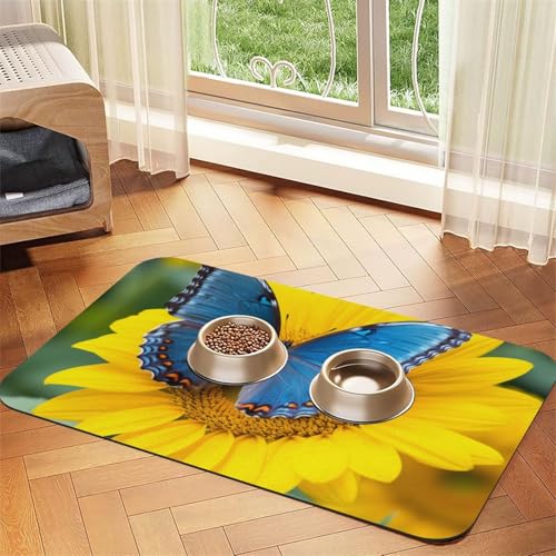 Futtermatte für Haustiere, Motiv: Sonnenblumen-blauer Schmetterling, saugfähig, PU-Leder, für Hunde und Katzen, schützt den Boden, rutschfeste Gummi-Unterseite, leicht zu reinigen, 30 x 45 cm von FJWSLCH