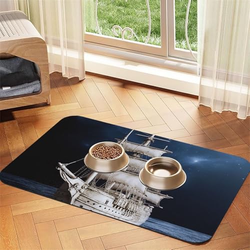 Futtermatte für Haustiere, Vintage-Stil, nautisches Schiff, saugfähig, PU-Leder, für Hunde und Katzen, schützt den Boden, rutschfeste Gummi-Unterseite, leicht zu reinigen, 40 x 60 cm von FJWSLCH