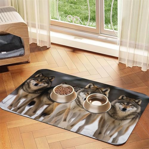 Futtermatte für Haustiere, saugfähig, PU-Leder, für Hunde und Katzen, schützt den Boden, rutschfeste Gummi-Unterseite, leicht zu reinigen, 30 x 45 cm, Wölfe von FJWSLCH
