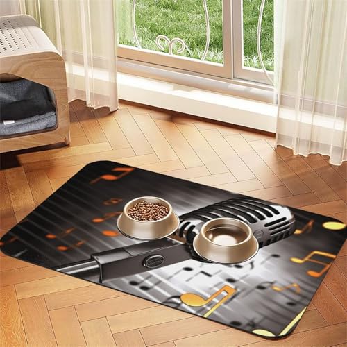 Futtermatte für Haustiere mit Mikrofon mit Musiknoten, saugfähiges PU-Leder, für Hunde und Katzen, schützt den Boden, rutschfeste Gummi-Unterseite, leicht zu reinigen, 40 x 60 cm von FJWSLCH