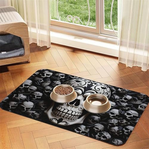Futtermatte für Haustiere mit Totenköpfen, saugfähig, PU-Leder, für Hunde und Katzen, schützt den Boden, rutschfeste Gummi-Unterseite, leicht zu reinigen, 30 x 45 cm von FJWSLCH