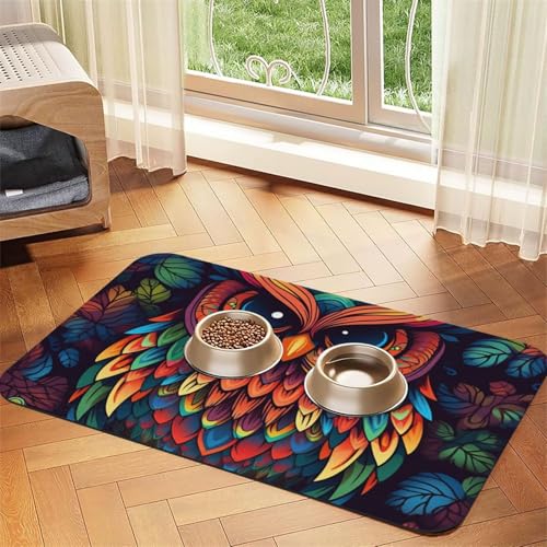 Futtermatte für Haustiere mit buntem Eulenmuster, saugfähiges PU-Leder, für Hunde und Katzen, enthält verschüttete Flüssigkeiten, schützt Böden, rutschfeste Gummi-Unterseite, leicht zu reinigen, 30 x von FJWSLCH