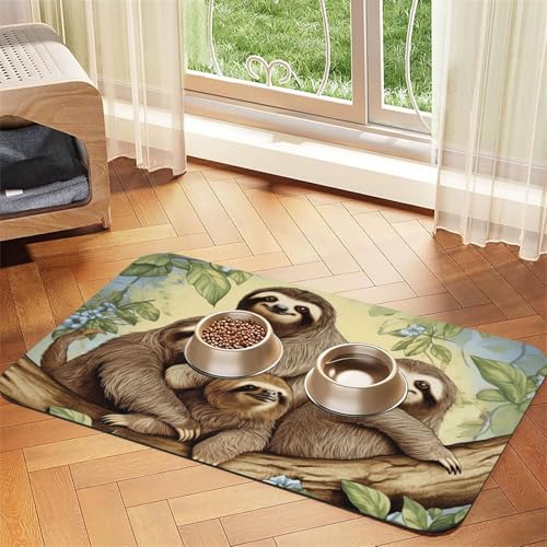 Futternapf-Matte für Faultier-Familie, saugfähiges PU-Leder, für Hunde und Katzen, enthält verschüttete Flüssigkeiten, schützt Böden, rutschfeste Gummi-Unterseite, leicht zu reinigen, 40 x 60 cm von FJWSLCH