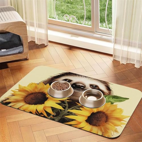 Futternapf-Matte mit Faultier-Sonnenblumen-Motiv, saugfähig, PU-Leder, für Hunde und Katzen, schützt den Boden, rutschfeste Gummi-Unterseite, leicht zu reinigen, 40 x 60 cm von FJWSLCH
