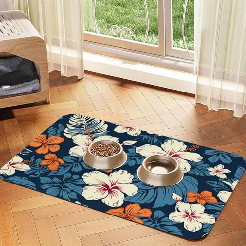 Futternapf-Matte mit Hawaii-Blume, saugfähig, PU-Leder, für Hunde und Katzen, enthält verschüttete Flüssigkeiten, schützt Böden, rutschfeste Gummi-Unterseite, leicht zu reinigen, 30 x 45 cm von FJWSLCH