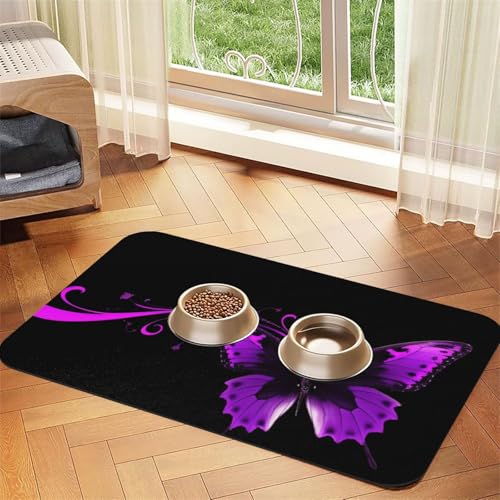 Haustier-Futtermatte mit Schmetterlings-Motiv, saugfähig, PU-Leder, für Hunde und Katzen, schützt den Boden, rutschfeste Gummi-Unterseite, leicht zu reinigen, 40 x 60 cm, Lila und Schwarz Haustier-Futtermatte mit Schmetterlings-Motiv, saugfähig, PU-Leder, für Hunde und Katzen, schützt den Boden, rutschfeste Gummi-Unterseite, leicht zu reinigen, 40 x 60 cm, Lila und Schwarz von FJWSLCH