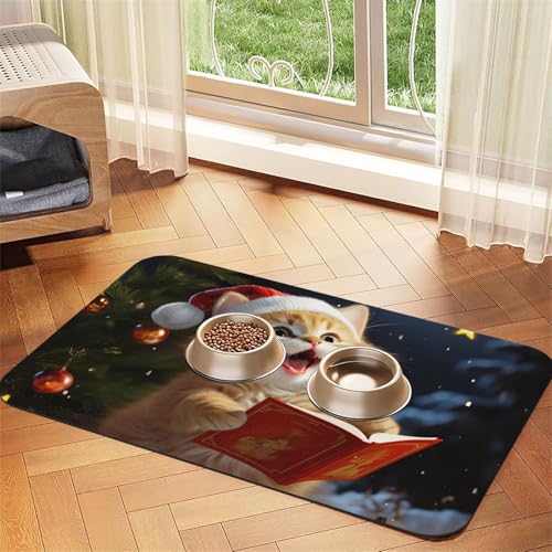 Haustier-Futtermatte mit niedlichem Weihnachtslieder, saugfähiges PU-Leder, für Hunde und Katzen, schützt den Boden, rutschfeste Gummi-Unterseite, leicht zu reinigen, 40 x 60 cm von FJWSLCH