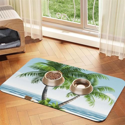 Haustier-Futtermatte mit tropischer Palme, saugfähig, PU-Leder, für Hunde und Katzen, schützt den Boden, rutschfeste Gummi-Unterseite, leicht zu reinigen, 40 x 60 cm von FJWSLCH