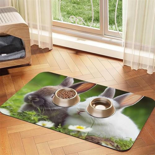 Haustier-Futtermatte mit zwei kleinen niedlichen Kaninchen, saugfähig, PU-Leder, für Hunde und Katzen, schützt den Boden, rutschfeste Gummi-Unterseite, leicht zu reinigen, 40 x 60 cm von FJWSLCH