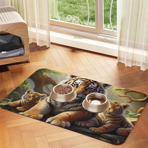 Jungle Tigers Cub Haustier-Futtermatte, saugfähig, PU-Leder, für Hunde und Katzen, enthält verschüttete Flüssigkeiten, schützt Böden, rutschfeste Gummi-Unterseite, leicht zu reinigen, 40 x 60 cm von FJWSLCH