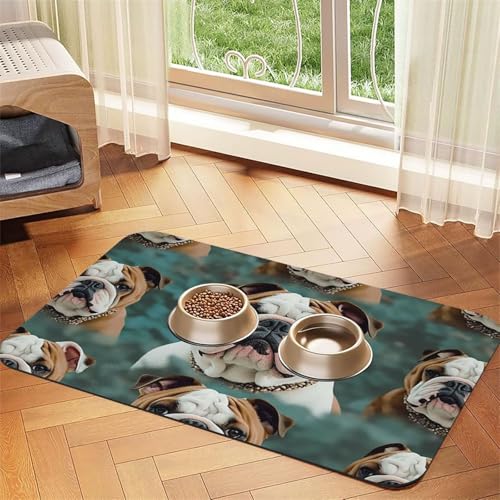 Lustige Futternapf-Matte mit englischer Bulldogge, saugfähiges PU-Leder, für Hunde und Katzen, schützt den Boden, rutschfeste Gummi-Unterseite, leicht zu reinigen, 30 x 45 cm von FJWSLCH