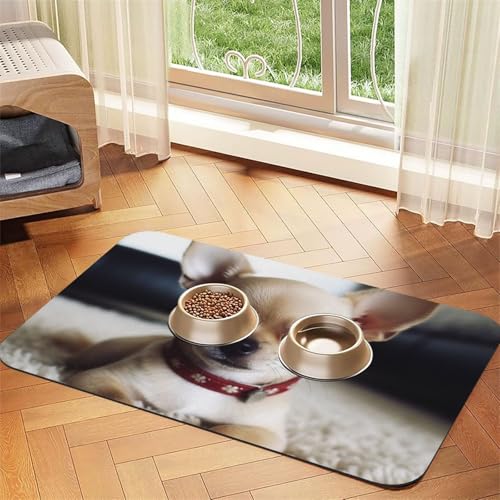 Niedliche Chihuahua-Haustier-Futtermatte, saugfähig, PU-Leder, für Hunde und Katzen, schützt den Boden, rutschfeste Gummi-Unterseite, leicht zu reinigen, 40 x 60 cm von FJWSLCH
