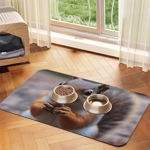 Niedliche Eichhörnchen-Haustier-Futtermatte, saugfähig, PU-Leder, für Hunde und Katzen, schützt den Boden, rutschfeste Gummi-Unterseite, leicht zu reinigen, 30 x 45 cm von FJWSLCH