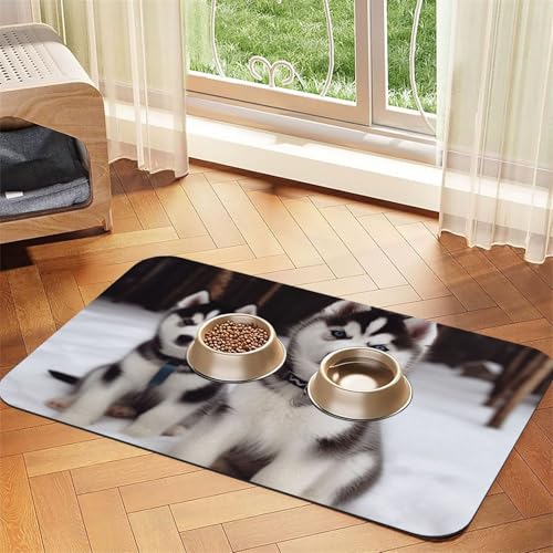 Niedliche Huskies Futtermatte für Haustiere, saugfähig, PU-Leder, für Hunde und Katzen, schützt den Boden, rutschfeste Gummi-Unterseite, leicht zu reinigen, 40 x 60 cm von FJWSLCH