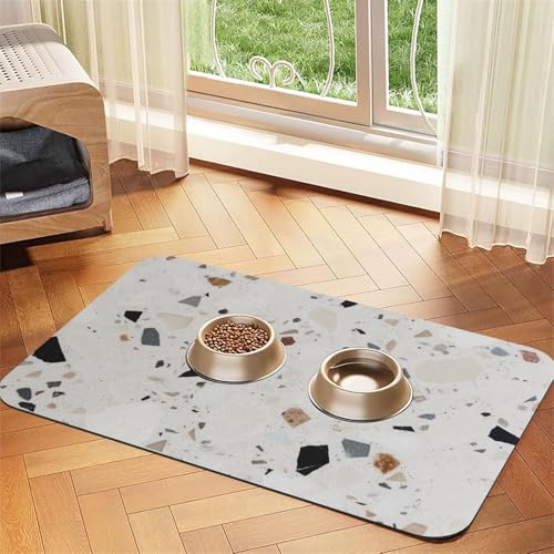 Terrazzo Futternapf-Matte für Haustiere, saugfähig, PU-Leder, für Hunde und Katzen, enthält verschüttete Flüssigkeiten, schützt Böden, rutschfeste Gummi-Unterseite, leicht zu reinigen, 30 x 45 cm von FJWSLCH