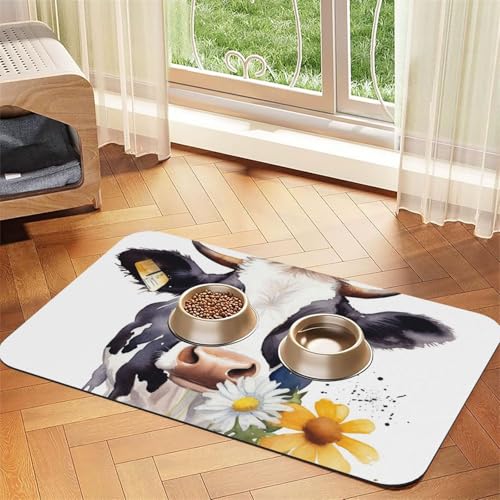 Wasserfarben-Futtermatte mit Kuh- und Gänseblümchen-Motiv, saugfähiges PU-Leder, für Hunde und Katzen, schützt den Boden, rutschfeste Gummi-Unterseite, leicht zu reinigen, 40 x 60 cm von FJWSLCH
