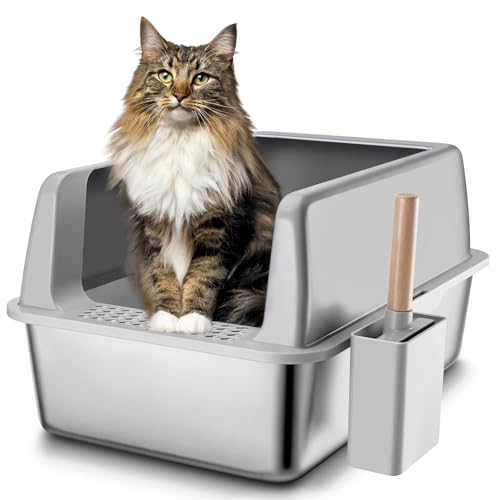 FLARUZIY Katzentoilette aus Edelstahl mit Deckel, XL Extra große Katzentoilette für große Katzen mit hohen Seiten und Schaufel, leicht zu reinigende Metallstreuwanne, Antihaft-Katzentoilette, von FLARUZIY