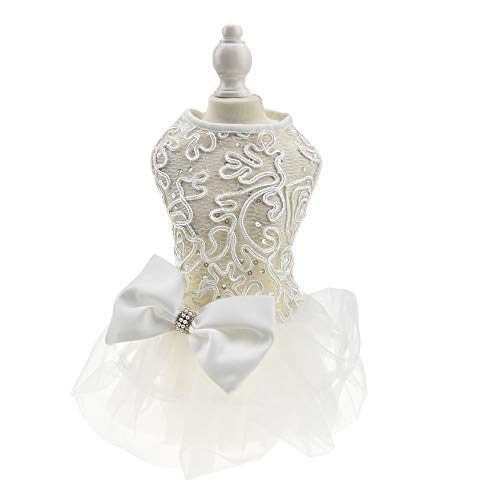 Hohles Hunde-Hochzeitskleid, Tutu-Rock, luxuriöse Spitze, Perlen, Schleife, Weihnachtskleid, Kostüm für kleine Hunde, Haustierbekleidung (Größe L, Weiß) von FLAdorepet