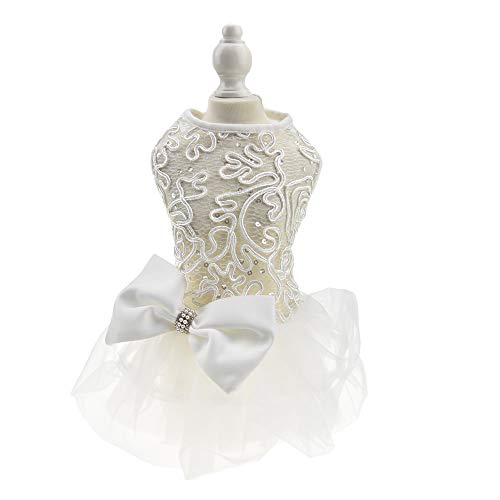 FLAdorepet Hohl Hund Hochzeitskleid Tutu Rock Luxus Spitze Perle Schleife Weihnachten Kleid Kostüm für kleine Hunde Haustier Bekleidung (L, weiß) von FLAdorepet
