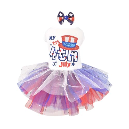 FLAdorepet Hundekleid mit Haarschleife, Unabhängigkeitstag, Tüllröcke für kleine Hunde, patriotische Kleidung, Haustier-Outfits, Katzenbekleidung (Rotblau, L) von FLAdorepet